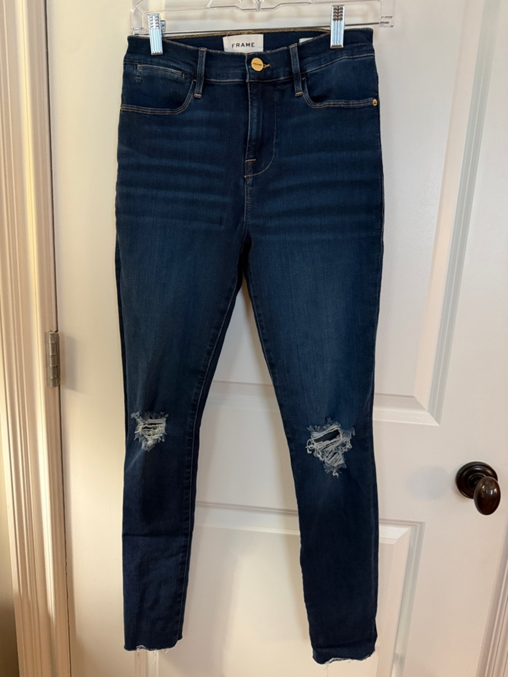Frame Denim Dark Indigo Ripped High-Rise Skinny Jeans